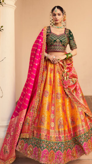 MULTICOLOR BANARASI SILK WITH ZARKAN CODDING WORK LEHENGA CHOLI