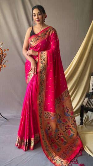 Hot Pink Paithani Saree With Blouse Piece
